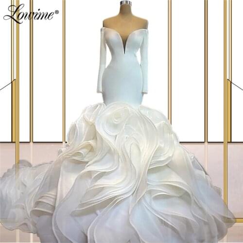 Lowime Long Tiered Organza Ivory Evening Dresses 2021 Couture Mermaid Pageant Party Gowns Photography Dubai Arabic Prom Dress