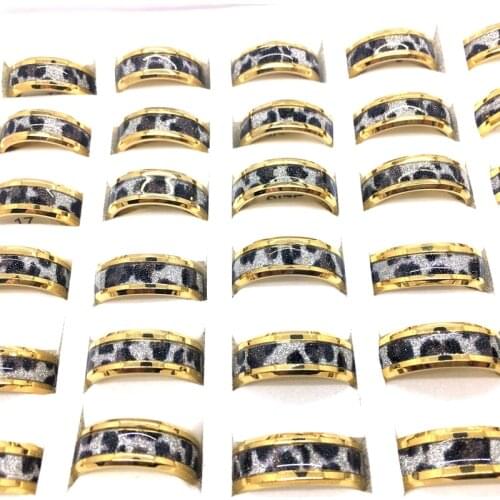 MixMax 36PCs Mens Womens Rings Golden Plated Leopard Pattern Fashion Stainless Steel Band Ring Wholesale Jewelry