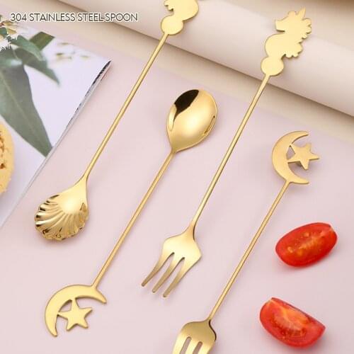 Gold Dinnerware Set Stainless Steel Gold Spoon Forks Stir Bar Tableware For Coffee Sugar Dessert Cake Animals Patterns