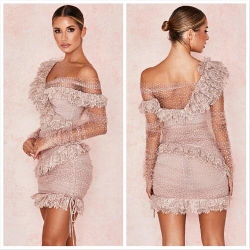 Cheap Illusion Prom Dresses V Neck Long Sleeve Short Lace Evening Dress Party Dresses Formal Women Evening Gowns Sexy Mini Club