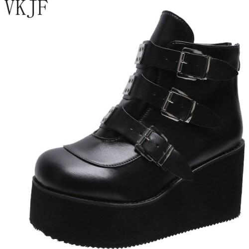 Autumn Buckle Ankle Shoes Womens Punk Womens Platform Shoes Wedge High Heels PU Womens Shoes Botas Mujer