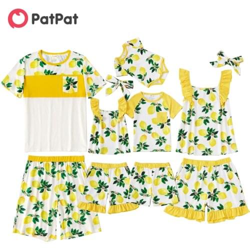 PatPat 2021 New Summer Family Lemon Print Flounce Matching Pajamas Set(Flame Resistant)