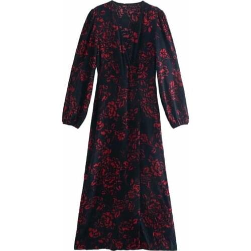 Evfer Chic Ladies Elegant Flower Print High Waist Za Mini Dresses Autumn Women Fashion Long Puff Sleeve High Waist Long Dress