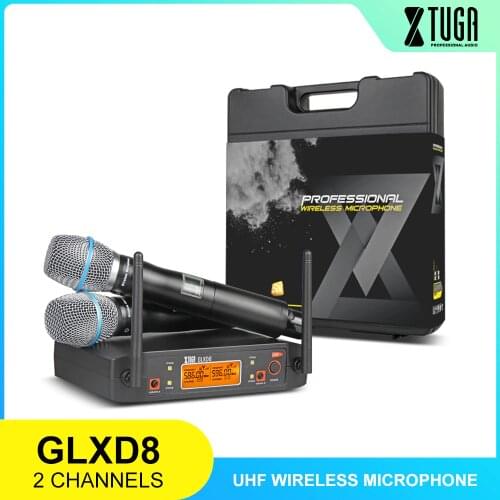 XTUGA Portable UHF Microphone System with carry case 2 Metal handhled MIC BOX Cordless Wireless for Stage Church wedding GLXD8