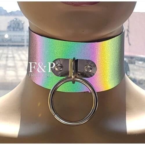 Iridescent Rainbow Reflective Leather Choker Necklace Burning Man Costume Gogo Dancer Halloween Accessories