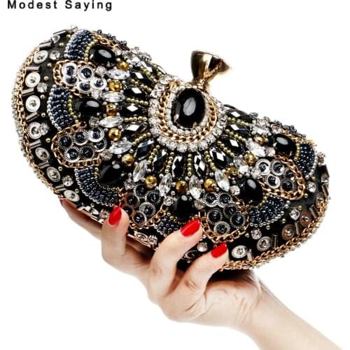 Luxury Shiny Ship Shape Beaded Wedding Party Handbags 2018 with Crystal Women Black Satin Clutch Bags Beaded Prom Evening Purse