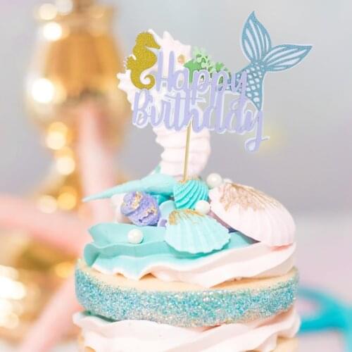 Mermaid Party Cake Toppers Birthday Cake Insert Hippocampus Topper Dessert Decor Girls Favor Under The Sea Birthday Party Supply
