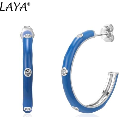 Laya Silver Earrings For Women High Quality Zircon Classic Blue Enamel Hoop Earrings Elegant Jewelry 2021 Trend