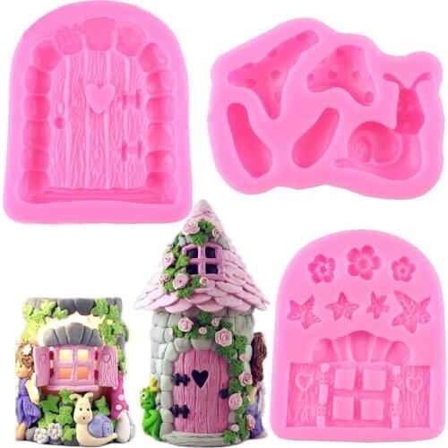 Fairy Tale House Wooden Door Mushroom Snail Flowers Silicone Mold Cake Decorating Tools DIY Chocolate Biscuit Mold Baking Tools