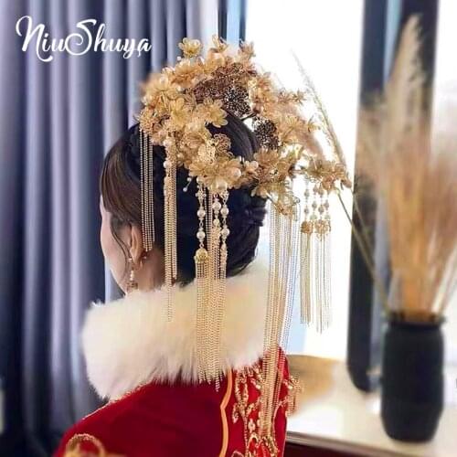 NiuShuya Traditional Chinese Hairwear Gold Flower Wedding Hair Accessories Headdress Head Jewelry Bridal Headpieces