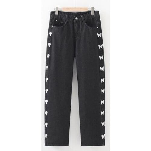 Plus Size XL-4XL Womens Long Straight Jeans Casual Black Side Embroidery Long Denim Pants