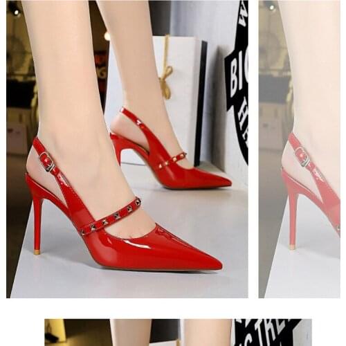 Womens Summer Metal Rivets Strpe Hollow Out Pumps 9.5 Red Patent Leather Sandals Sexy Back Strap High Heels Black Slingback 43