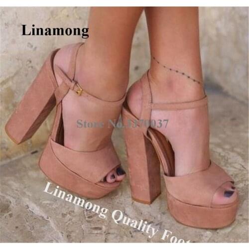 Linamong Women Fashoin Suede High Platform Chunky Heel Sandals Peep Toe Ankle Strap Thick High Heel Sandals Big Size Heels