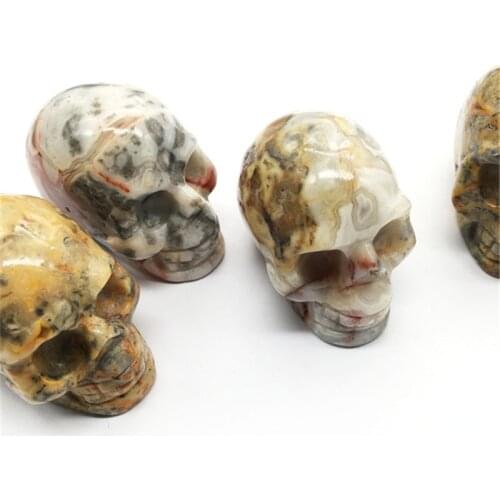 1pcsHand-carved Crazy lace agate gemstone skulls carving 2 inch for halloween decoration or gift