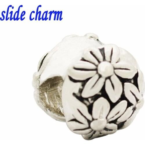 Slide charm Free shipping Unique personality fashion gift black and white floral charm beads fit Pandora bracelet