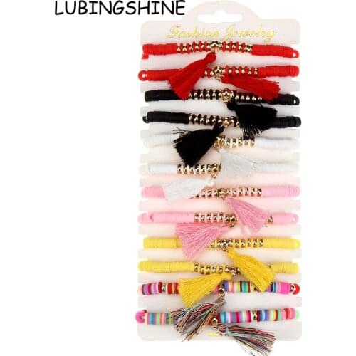 Boho 12pcs/lot Women Cotton Tassel Metal Bead Pendant Charms Bracelets Set Clay Braided Adjustable Rope Chain Anklet Jewelry