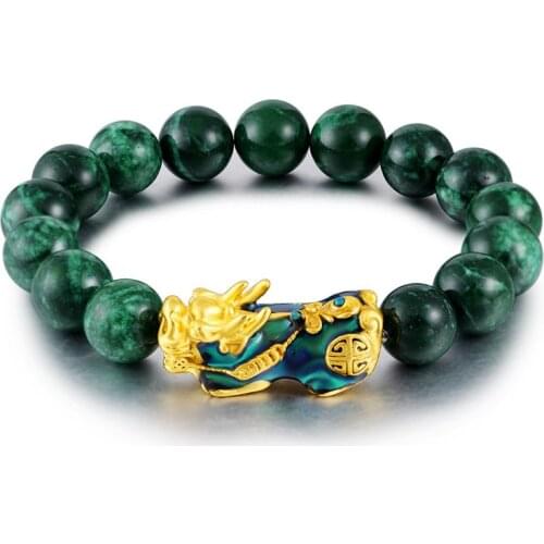 Feng Shui Green Jades Stone Beads Bracelet Men Women Unisex Wristband Gold Black Pixiu Wealth and Good Luck Women Bracelet