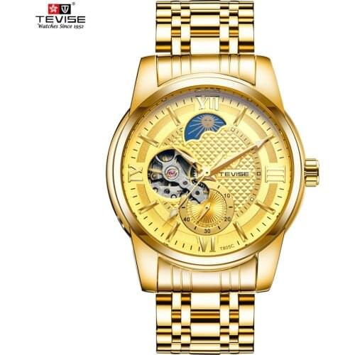 TEVISE Gold Mechanical Wrist Watch Men Automatic Male Clock Moon Phase Tourbillon Men Hour Waterproof Luminous Business Watches