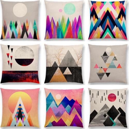 Rainbow Impressionist Sunrise Sunset Abstract Colorful Sun Geometric Mountain Ornate Triangles Peaks Cushion Cover Pillow Case