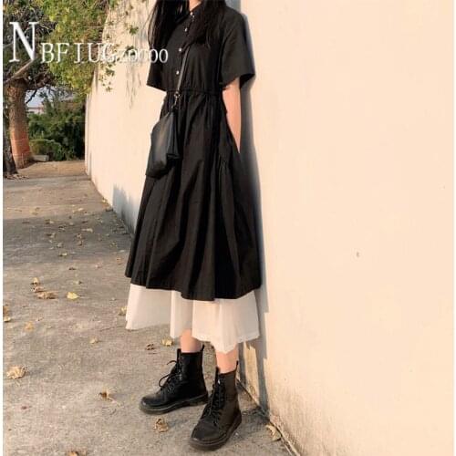 Black And White Color Women Dress Lapel Short Sleeve Female Dresses