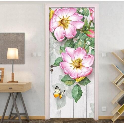 Creative DIY Self-adhesive 3D Door Sticker Wall Decals Pastoral Floral Flower Butterfly Bedroom Living Room Door Mural Wallpaper