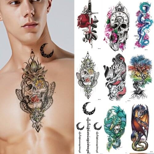 Chest Color Tattoo Sticker Men Boy Neck Dragon Wolf Waterproof Temporary Tatoo Paper Arm Art Skull Pattern Fake Tatto Stickers