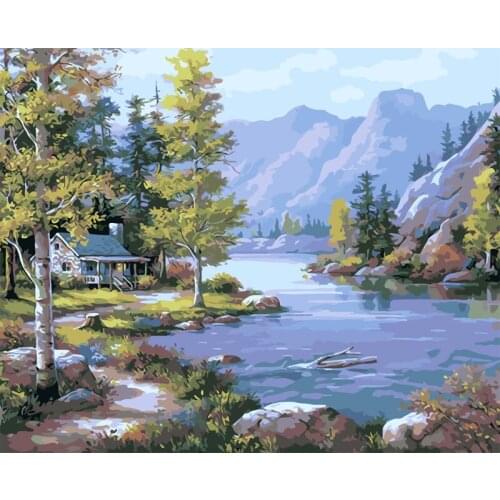 Painting By Numbers DIY Dropshipping 60x75cm Reverse riverside cottage Scenery Handmade Gift For Adult Unique Gift Home Decor