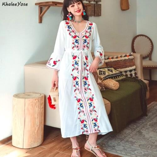 KHALEE YOSE Floral Embroidery Midi Dress Vintage Boho Summer Women Dresses White Long Sleeve Ladies Holiday Long Female Dress
