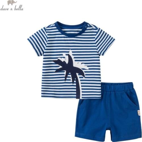 DB17455 dave bella baby boys summer casual cartoon striped clothing sets kids boy fashion short sleeve sets children 2 pcs suit