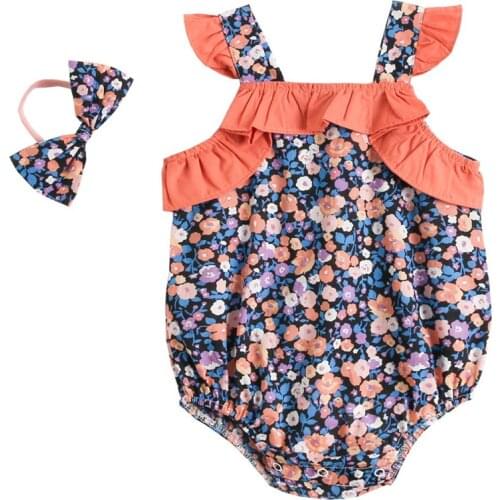 Summer Little Flower Girl Rompers Headbands+ Rompers 2pcs Set Cute Newborn Toddlers Cotton Infant Outfits Fashion Jumpsuit 0-24M