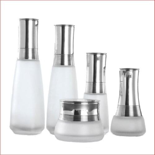 30/50/45/100/120ML frosted Empty glass bottle/jar lotion pump Cosmetic Packing Refillable Bottles w silver cap