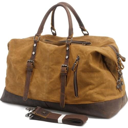 Large-Volume Men Handheld Traveling Bag Europe And America Water-Proof Oil Wax Canvas Shoulder Bag with Crazy Horse Cowhide