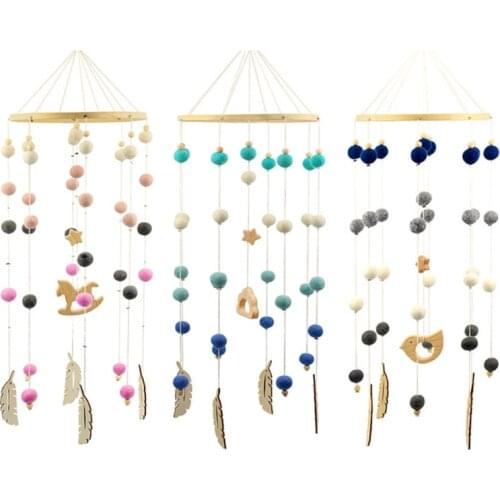Baby Wool Balls Bed Bell Crib Mobile Rattle Toy Wooden Trojan Horse Clouds Birds Pendants Wind Chime Kids Room Hanging Decorati