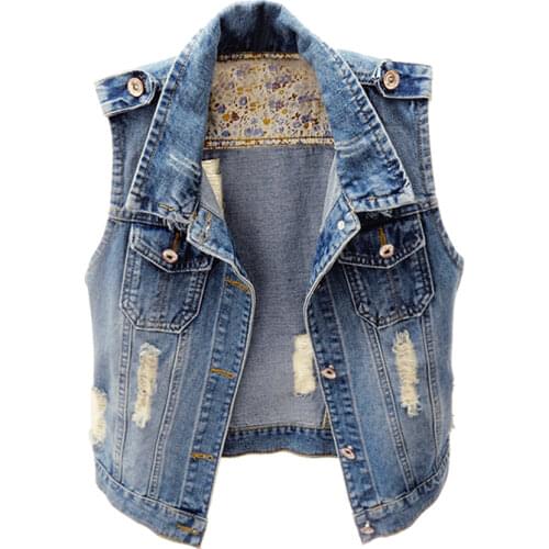 Casual Slim Hole Ripped Sleeveless Short Denim Jacket Female 2020 Street Light Blue Single Breasted Cowgirl Vest Plus Size 6XL