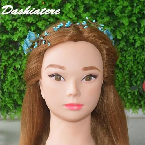 Handcraft Women Rose Flower Crown Hairband With Ribbon Rustic Rattan Mermaid Headband Girls Teal Blue Wedding Decorations