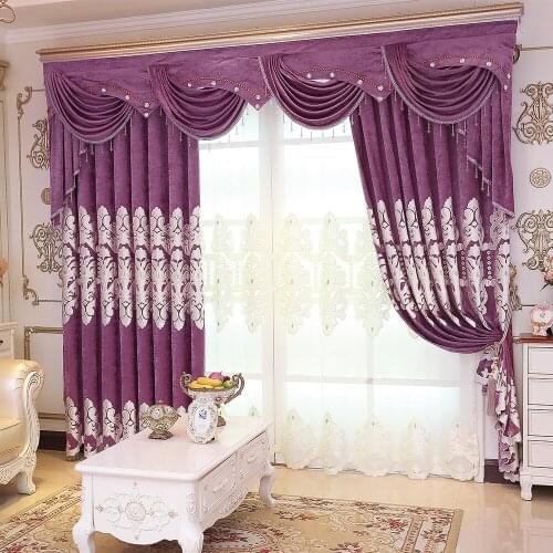 Luxury Curtains Tulle For Living Room European Chenille Embroidery Velvet Curtains Tulle Purple Bedroom Decorate Panel P019-30