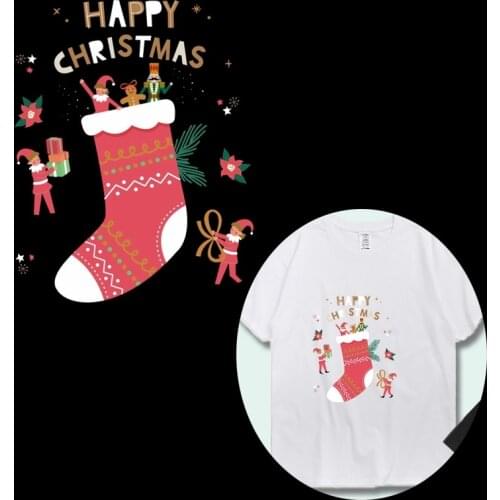 Christmas Sock Patch For Clothing Iron-On Transfers For T-Shirt DIY Washable Sticker Santa Claus Patch Heat Transfer Sticker