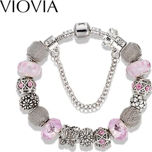 VIOVIA Fashion DIY Jewelry Butterfly Bracelets & Bangles Silver Color Glass European Charm Beads Bracelets For Women B16062