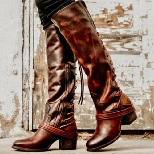 Western 2021 Autumn And Winter Girls Tasseled Vintage Leather Knee-high Cross-tied Thick Heel Bohemian Vintage Cowgirl Shoes