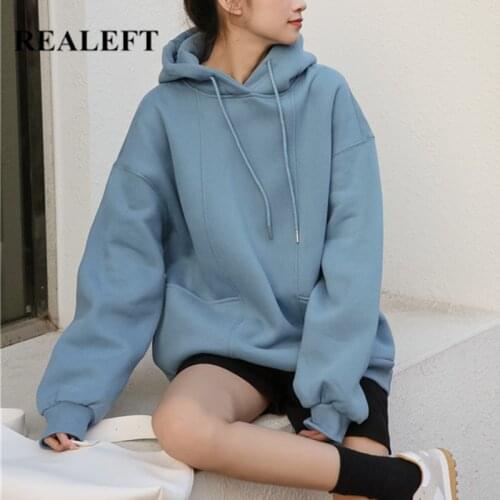 REALEFT 2021 New Winter Thick Hooded Pullovers Women Elegant Solid Color Front Pocket Long Sleeve Ladies Casual Autumn Hoodies