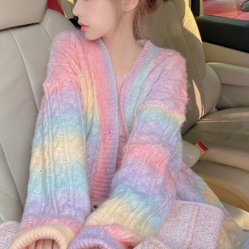 Women Autumn and Winter Rainbow Knitted Cardigan Korean Style Buttoned Kawaii Coat Autumn and Winter Sweet Campus Style 2021