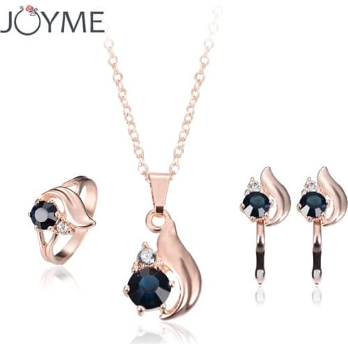 New Fashion Woman Luxury Rose Gold Jewelry Set Blue Austrian Crystal Earring Ring Necklace Bridal Jewellry Sets