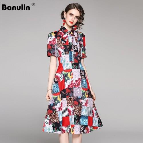 Banulin 2021 New Summer Runway Floral Shirt Dress Women Short Sleeve Bow Belt Contrast Color Elegant Vintage Midi Dress