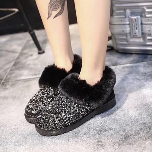Snow Boots Winter Flat Shoes Sequined Cloth Women Ankle Boot Warm Plush Inside Ankle Boot Round Toe Antiskid Black Khaki U11-17