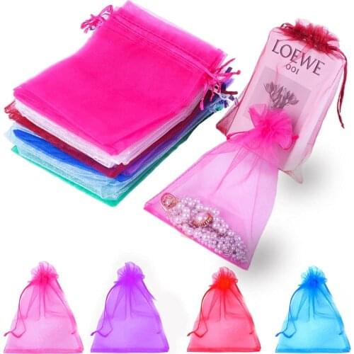 50pcs/lot Colorful Drawstring Organza Bags 5x7 10x15 13x18cm Jewelry Packaging Bags Wedding Party Decoration Bags Gift Pouches