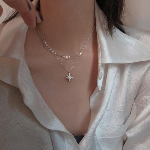925 Sterling Silver Double Layer Crystal Star Charm Korean Pendant Choker Necklace Wedding Statemen Jewelry For Women dz101