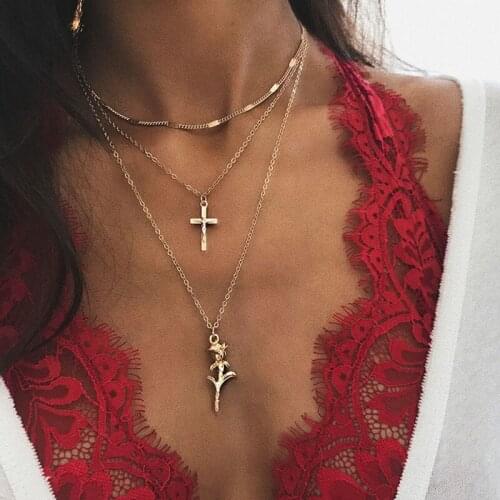 Bohemian Gold Color Cross Rose Pendant Necklace for Women Fashion Multi-layer Chain Choker Necklace Popular New jewelry Gift