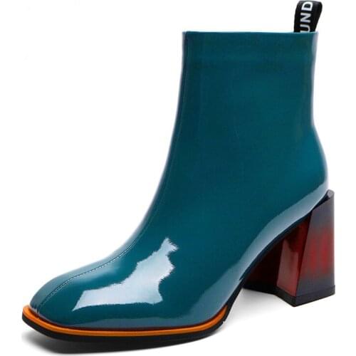 Genuine leather womens shoes 2020 winter autumn office blue black ankle boots 34-40 size square toe 6cm high heels