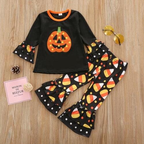 Kids Girls Halloween Clothes Sets Flare Sleeve Shirt Pumpkin Flare Pants Toddler Girl Fall Clothes Cotton Boutique Girls Outfits