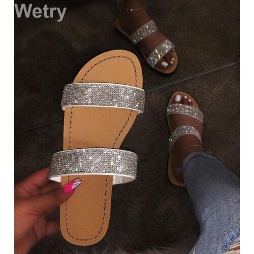 Dimond women slippers summer crystal Hollow flat Slide ladies open toe Comfort slip on Outdoor beach sandals woman shoes